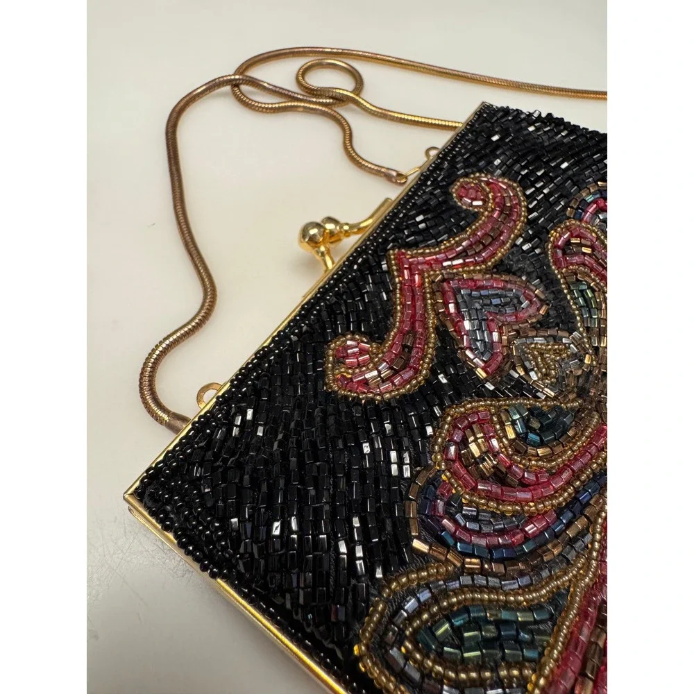 Andre Cellini Vintage Beaded Evening Bag Black Art Deco Gold Kiss‎ Lock Clutch